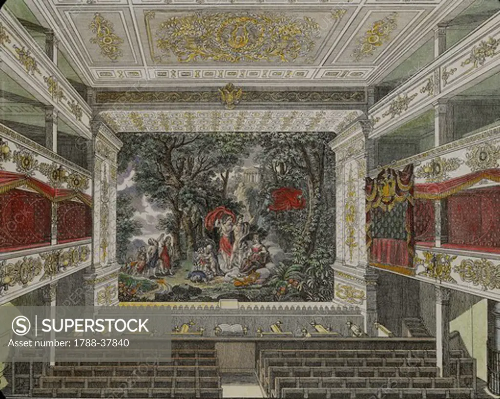 Austria, 19th century. Vienna, the renewed interior of the Theater an Der Wien. Color print.