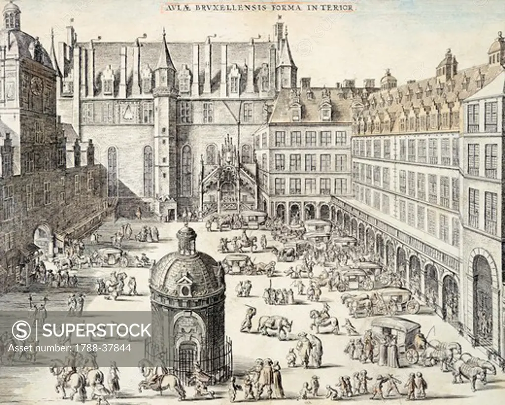Grand Place (Grote Markt) in Brussels, Belgium 17th Century. Engraving.