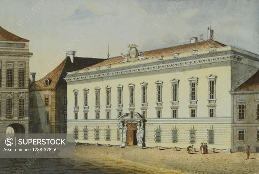 The Palace of Earl Fries in St Joseph Square in Vienna, Austria 18th Century. Lithograph.
