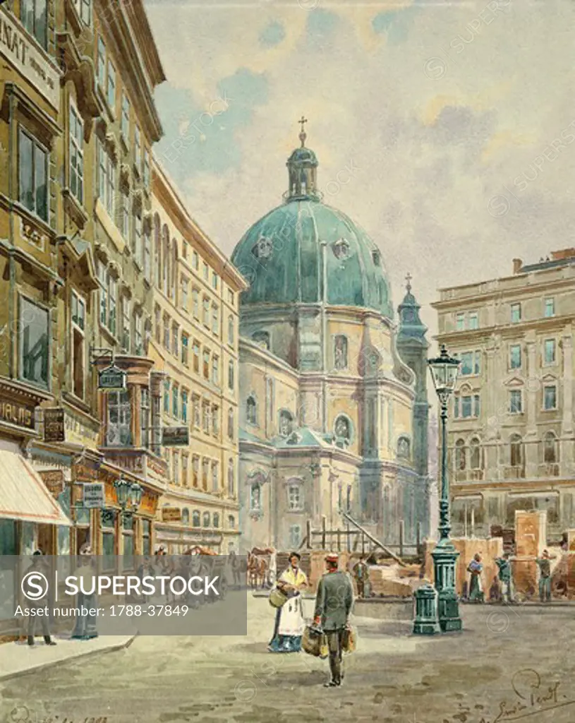 Austria, 20th century. Vienna, Peterskirche (Saint Peter's Church). Watercolour by Ludwig Pendy, 1900.