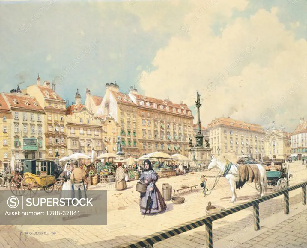 Platz am Hof in Vienna, 1898, by Franz Poledne, Austria 19th Century. Watercolour.