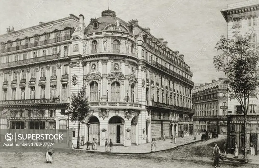 The Vaudeville Theatre, Paris, 1868, by Adolphe-Martial Potemont, France 19th century. Engraving.