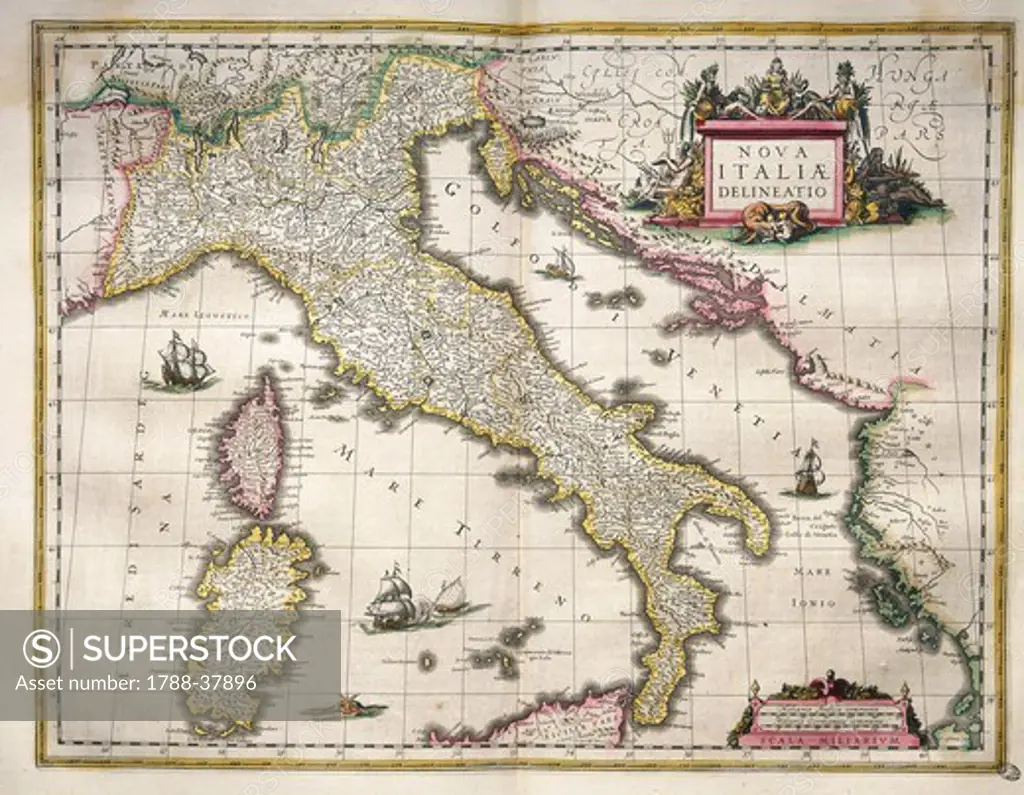 Cartography, Germany, 17th century. Map of Italy, from Theatrum Orbis Terrarum by Willem Blaeu, Amsterdam, 1635-1645.