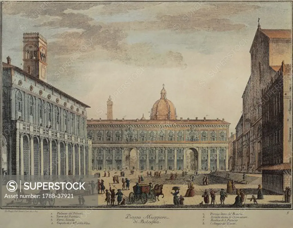 Italy 18th century. Bologna, Piazza Maggiore or Piazza Grande. On the right Basilica di San Petronio, on the left Palazzo del Podesta, in the centre Palazzo dei Banchi. Engraving by Pio Panfili.