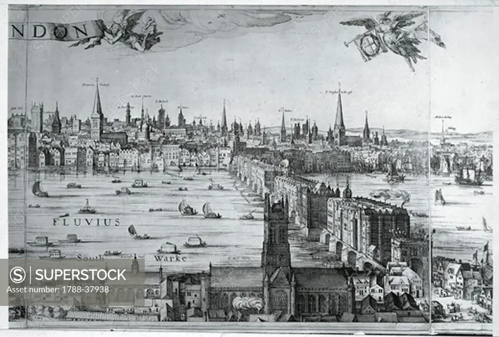 United Kingdom, 17th century. View of the London. Engraving by Claes Jansz Visscher. Details: London Bridge.