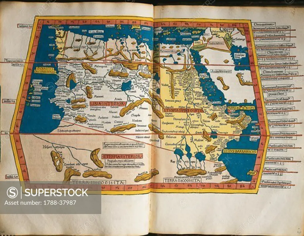Cartography, 15th century. Africa and unknown southern land, from Claudius Ptolemy's ""Cosmographia."" Ulm Edition, 1482.
