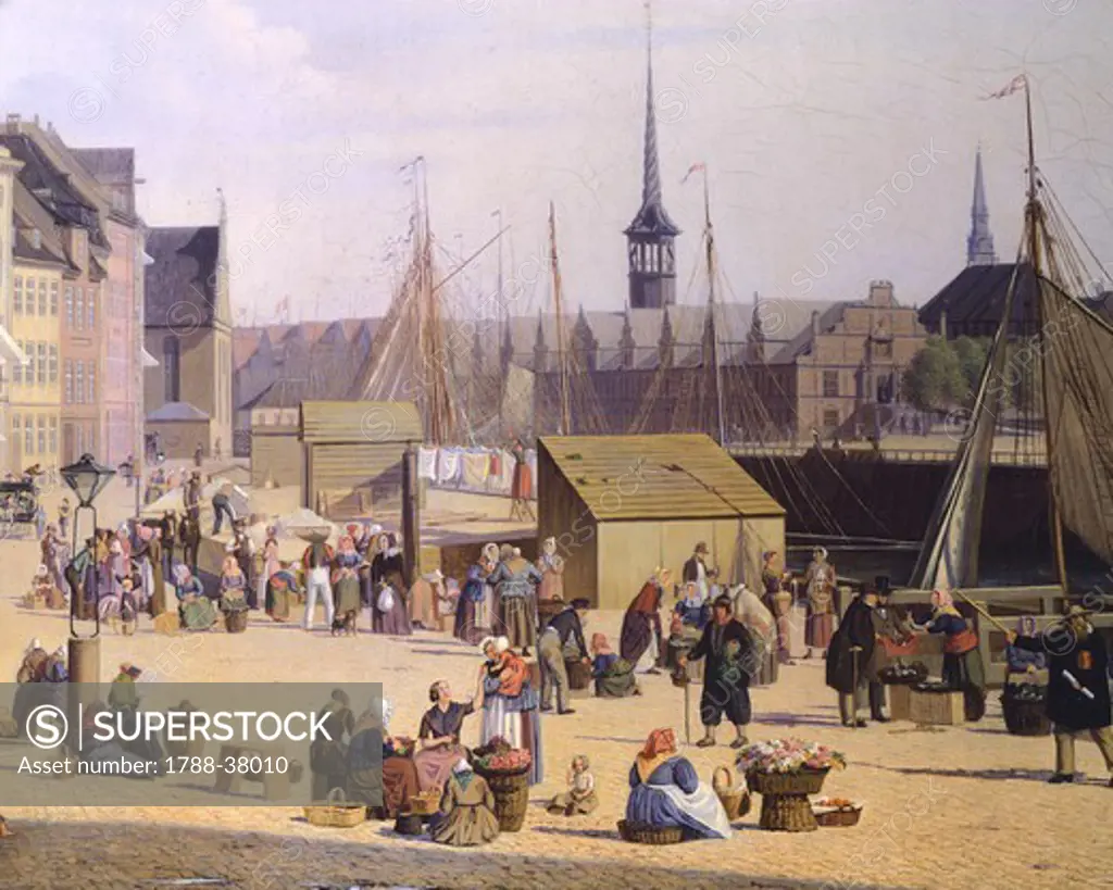 Trade life at the port of Copenaghen, 1844, by Sally Henriques, Denmark 19th Century. Detail.