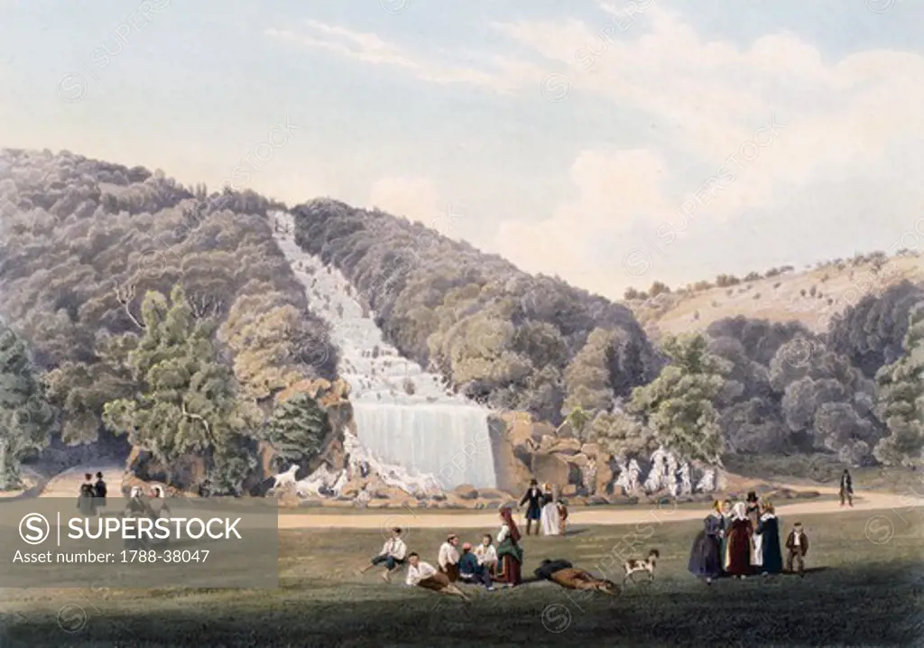 Waterfall in the park of the Royal Palace of Caserta, Italy 19th century.