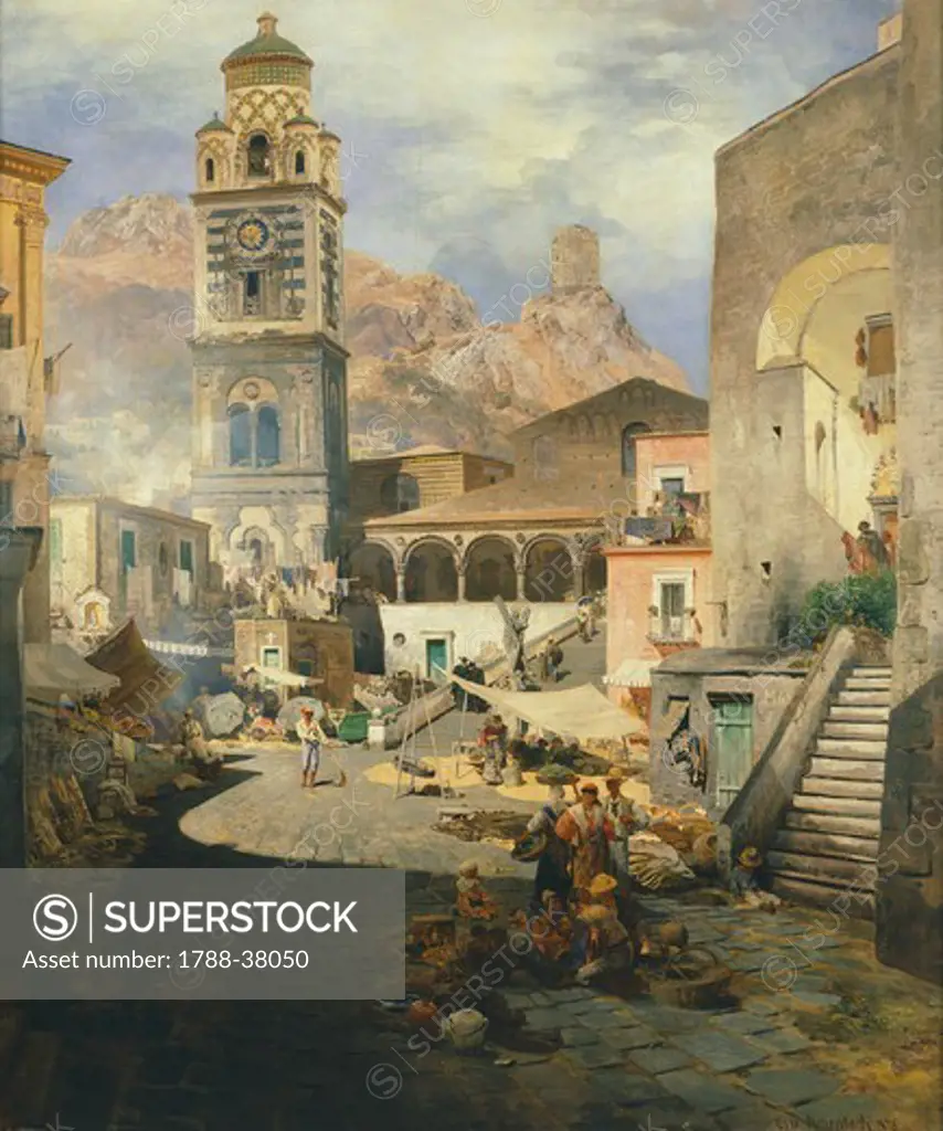 Market square at the Amalfi Coast, 1876, by Oswald Achenbach (1827-1905), oil on canvas, Italy 20th century, 128x111 cm.