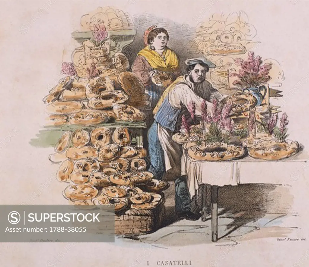 Preparation of casatiello (typical rustic easter bread) in Naples, 1866, by Francesco De Bourcard, from Customs and Traditions of Naples and Contours Described and Paintings, Italy 19th century.