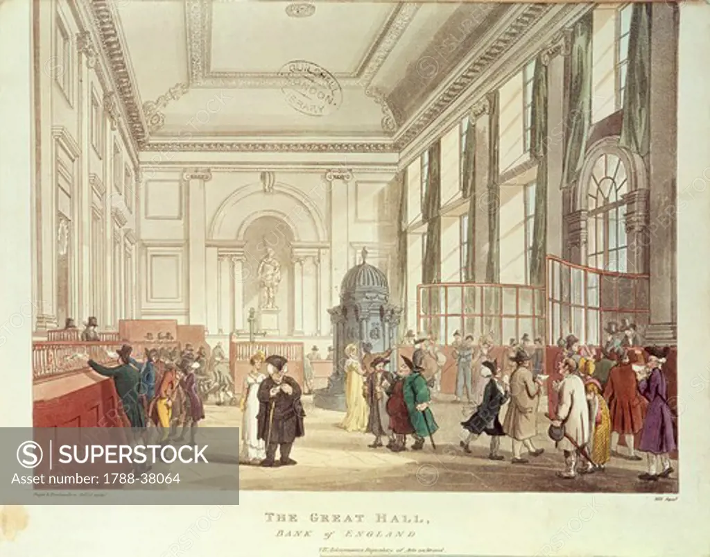 United Kingdom, 19th century. London. The Great Hall in the Bank of England (1809). Engraving from Microcosm of London by Rudolph Ackermann, 1809.