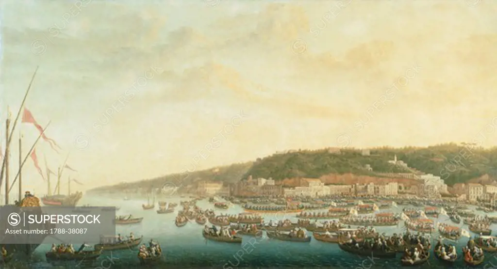 Procession of the Royal Ships at Posillipo, Naples, by Pietro Fabris (1740-1792), Italy 18th century.