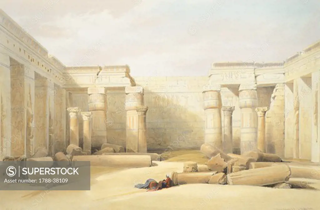 The Temple of Medinet Abu in Tebe, by David Roberts, Egypt 19th Century. Engraving.