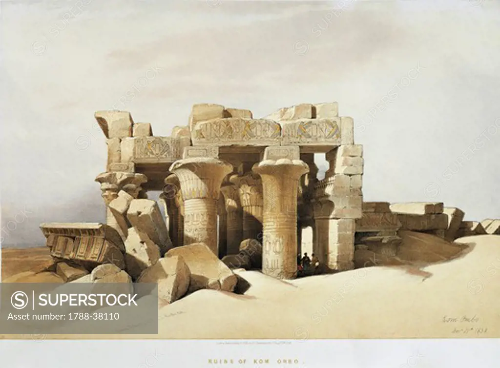 Egypt, 19th century. The ruins of the Temple of Kom Ombo dedicated to Sobek and Horus. Engraving by David Roberts.