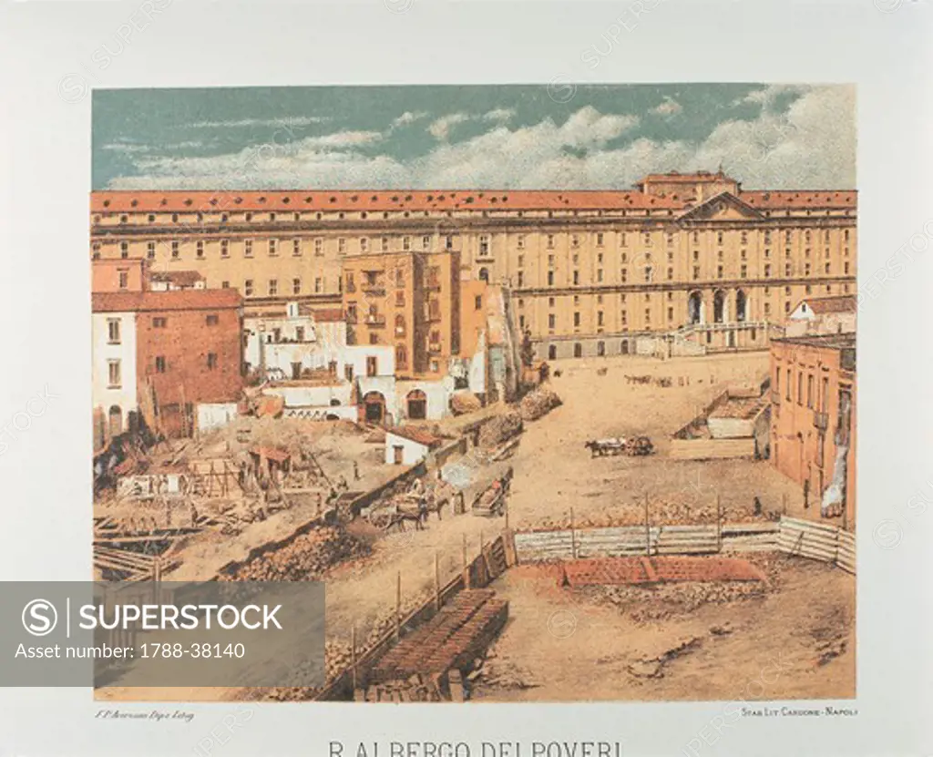 Italy, 19th century. Naples, Albergo dei Poveri (Hospice for the Poor). Lithograph by Francesco Aversano. From Old Naples by Raffaele D'Ambra, 1889.