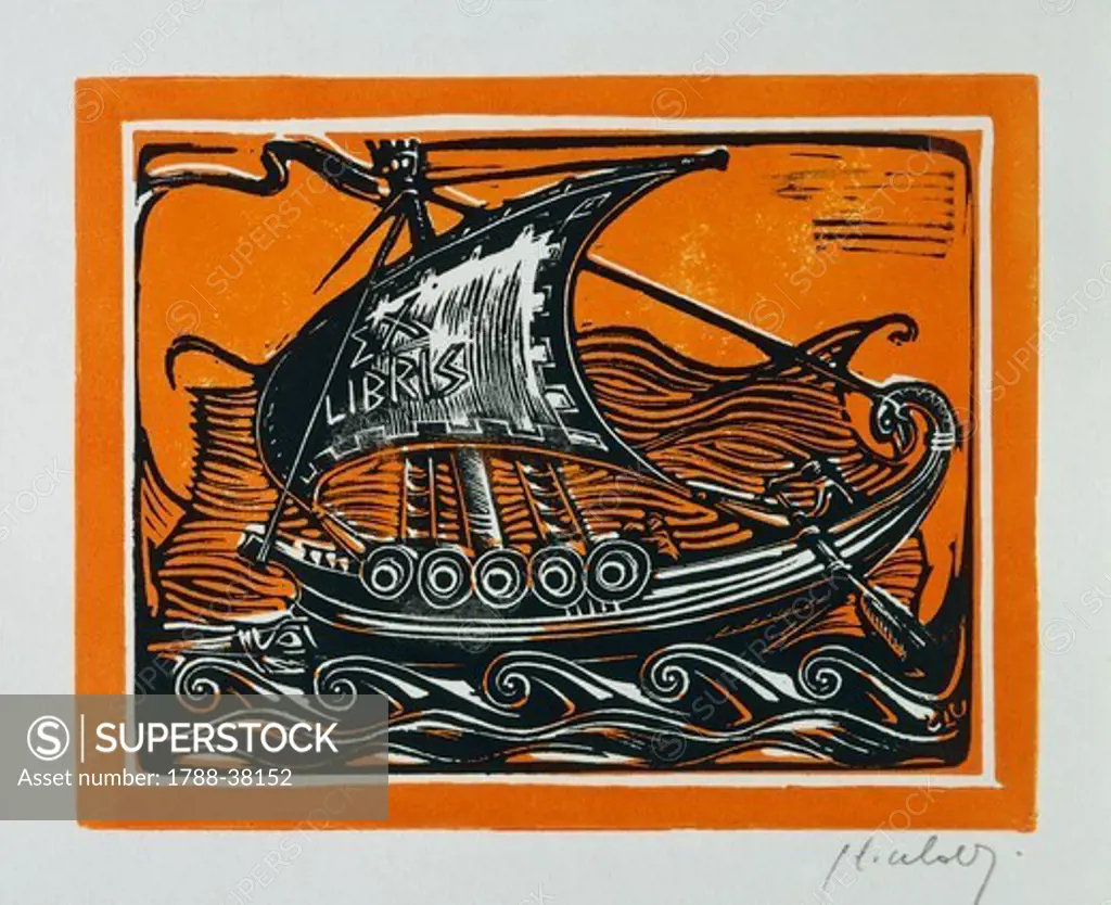 Bookplate depicting a sailing boat, 20th Century.