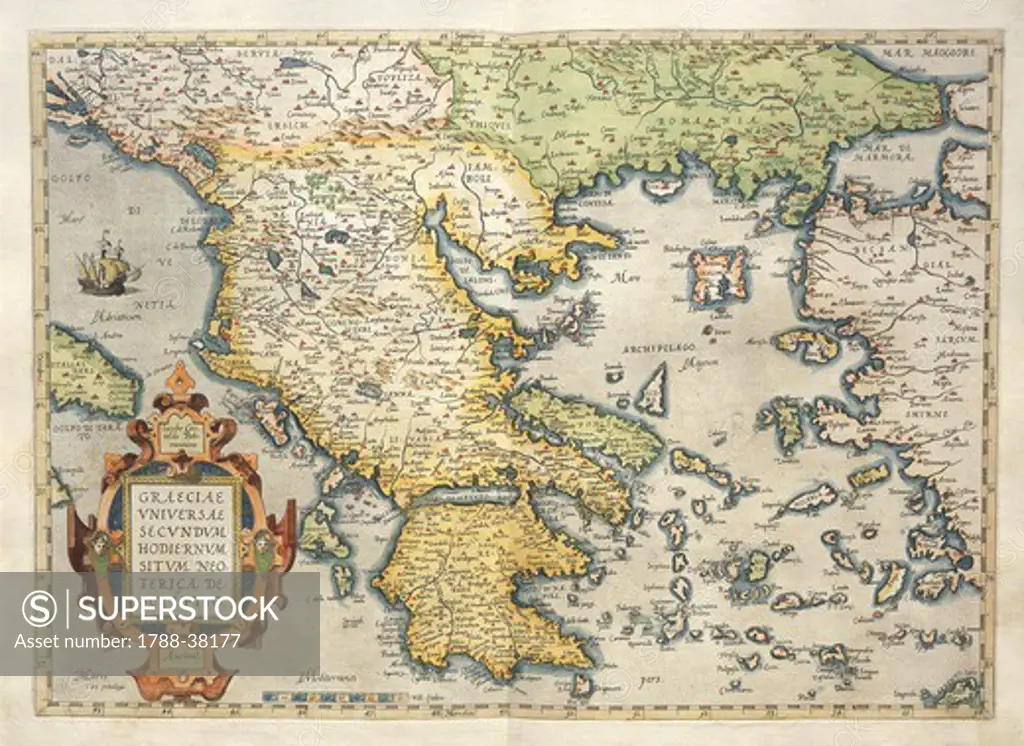 Cartography, 16th century. Map of Greece, from Theatrum Orbis Terrarum by Abraham Ortelius (1528-1598), Antwerp, 1570.