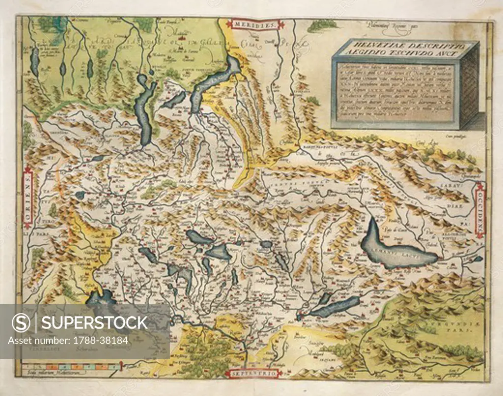Cartography, 16th century. Map of Switzerland, from Theatrum Orbis Terrarum by Abraham Ortelius (1528-1598), Antwerp, 1570.