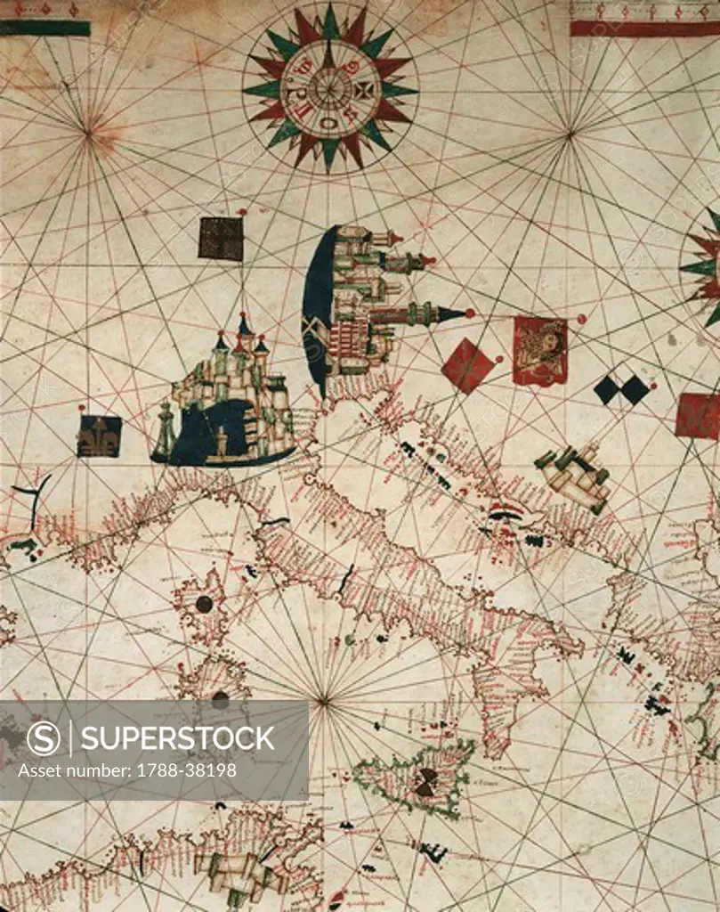 Cartography, 16th century. Nautical chart of the Mediterranean and Black Sea by Banet Panades, 1557. Detail.