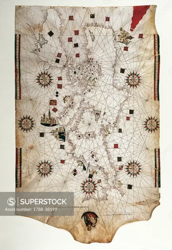 Cartography, 16th century. Nautical chart of the Mediterranean and Black Sea by Banet Panades, 1557.