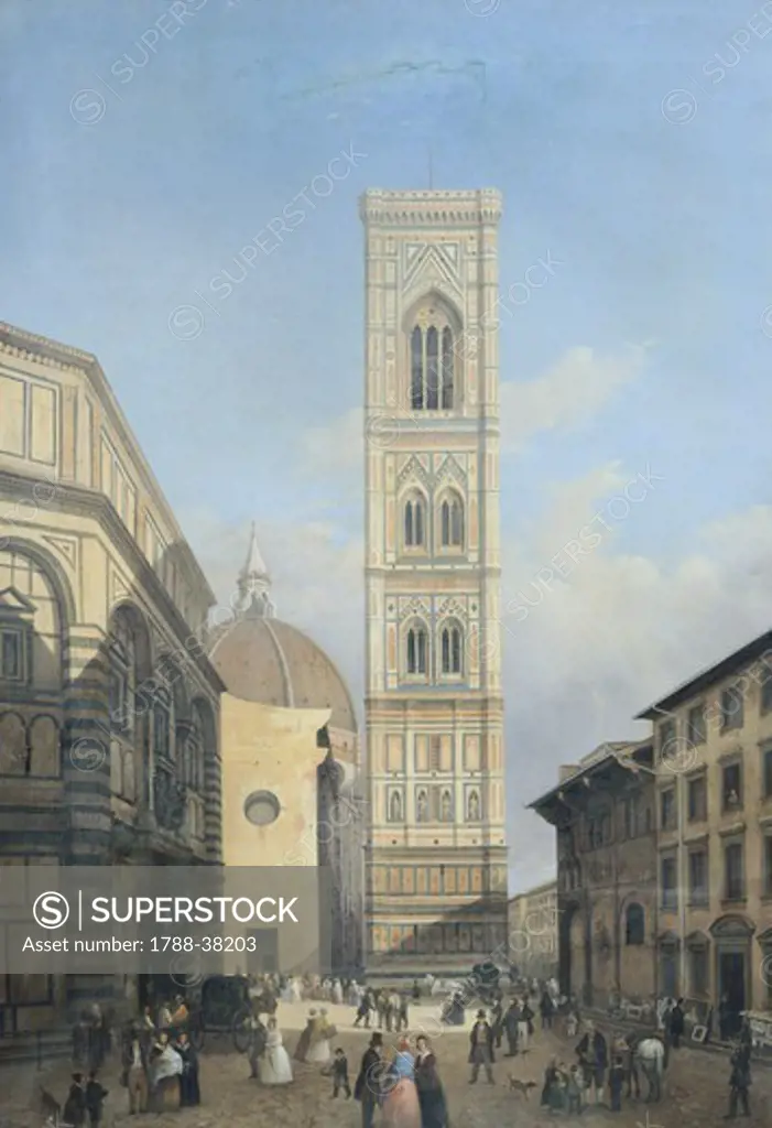 View of the belltower of the cathedral in Florence, by Lorenzo Aliani (1825-1862), Italy 19th Century.