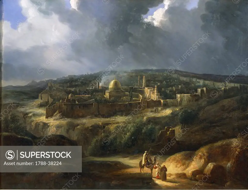 Auguste de Forlin (1777-1841). Jerusalem from the Valley of Josaphat, 1825. In the centre, the Temple's spire with the Mosque dome, known as the Dome on the Rock.
