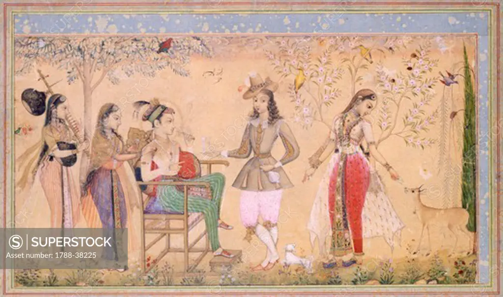 A prince in a garden by Rahim Deccani. India 17th century.  Gouache painting.