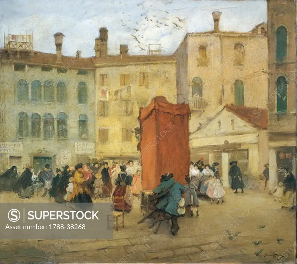 Italico Brass (1870-1943). Venice, The puppets. Oil on canvas, 77.5x69.5 cm.