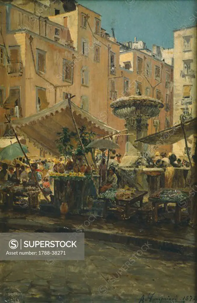 The fountain of Spells in the Basso Porto district of Naples, by Alceste Campriani (1848-1933), oil on canvas, Italy 19th-20th Century.