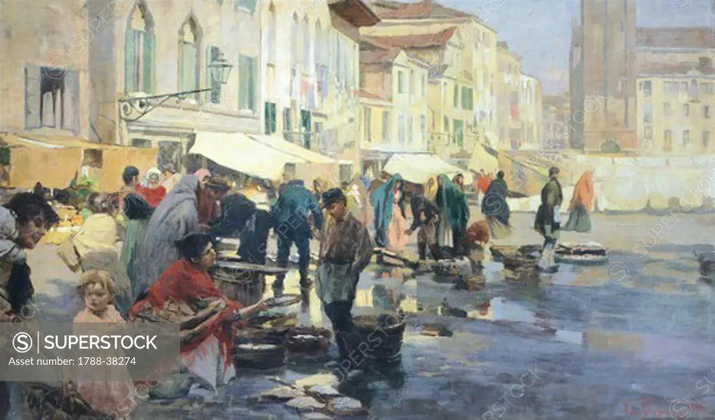 Market at Santa Margherita in Venice, 1896, by Vincenzo De Stefani (1859-1937), oil on canvas, Italy 19th Century, 88X150cm.