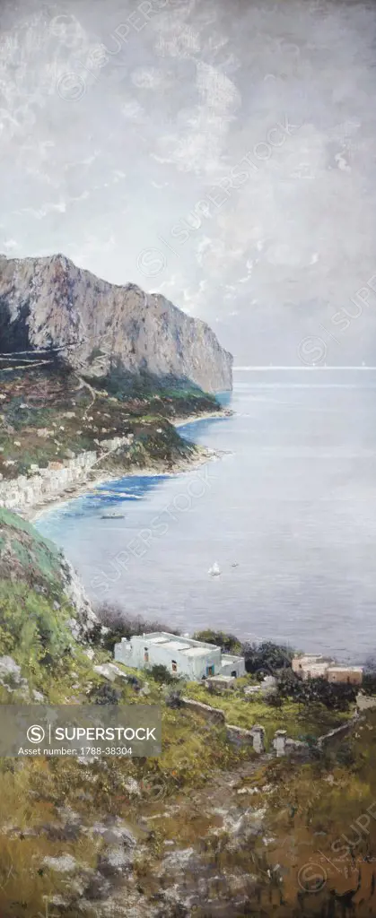 View of Capri, by Carlo Brancaccio (1861-1920), oil on canvas, Italy 19th-20th Century, 200x90cm.