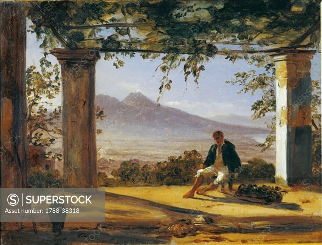 Antoon Sminck van Pitloo (1790-1837). Under an arbor with Mount Vesuvius in the background.