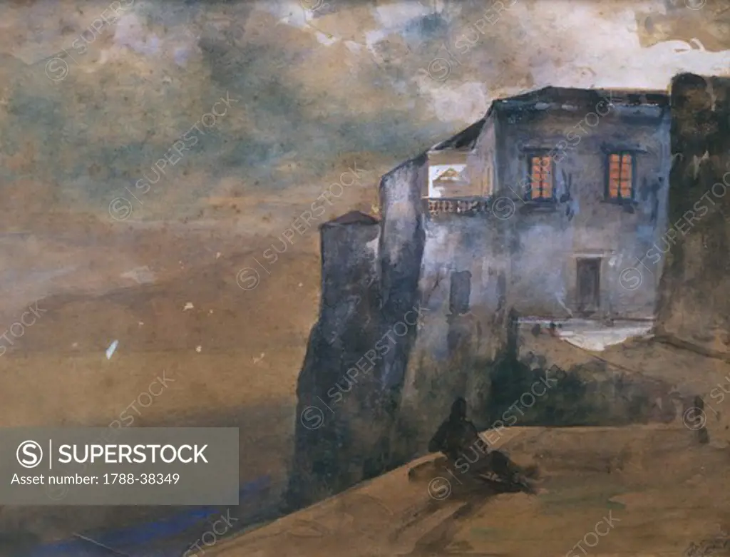 Torquato Tasso's house in Sorrento, by Giacinto Gigante (1806-1876), watercolour, Italy 19th century.