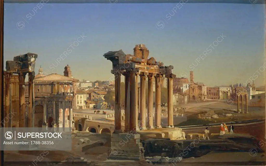 Ippolito Caffi (1809-1866). Rome. View of the Roman Forums and in the centre the Temple of Saturn.