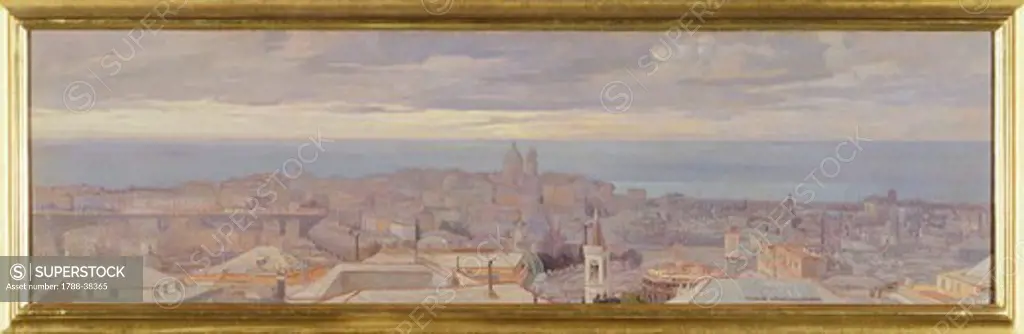 View of Genoa, 1907, by Federico Maragliano (1873-1952), oil on canvas, Italy 19th-20th Century, 40X146cm.