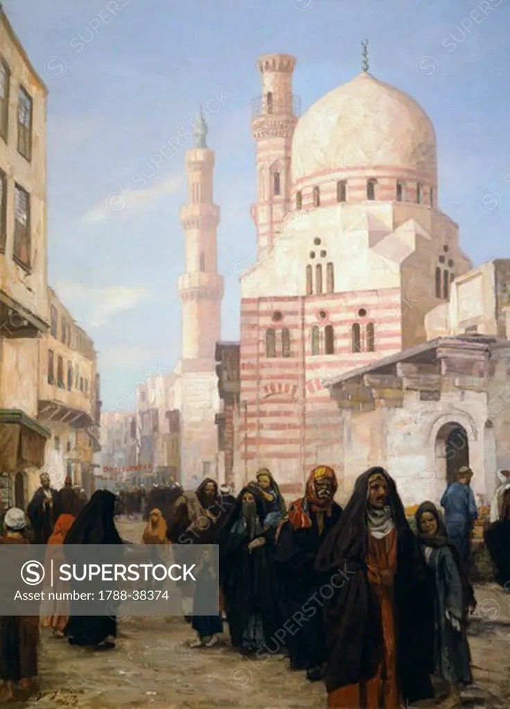 A view of a street of the Citadel in Cairo with Ibrahim Agka Mosque, 1907, by Georg Marco, Egypt 20th Century.