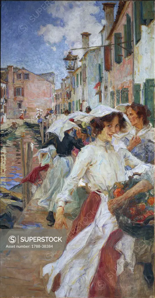 Umberto Veruda (1868-1904). Venice. A street in Burano with young women in costume, 1904.