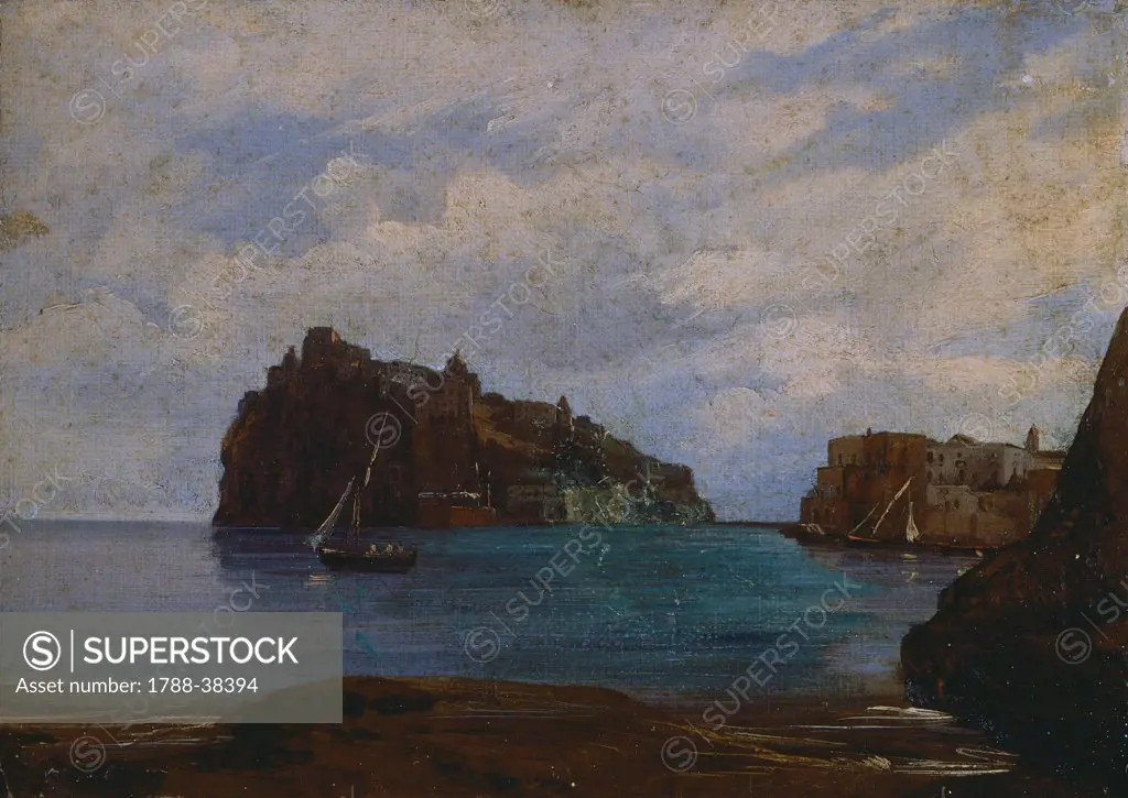 The Aragonese Castle of Ischia, by Teodoro Duclere (1814-1869), oil on canvas, Italy 19th century.