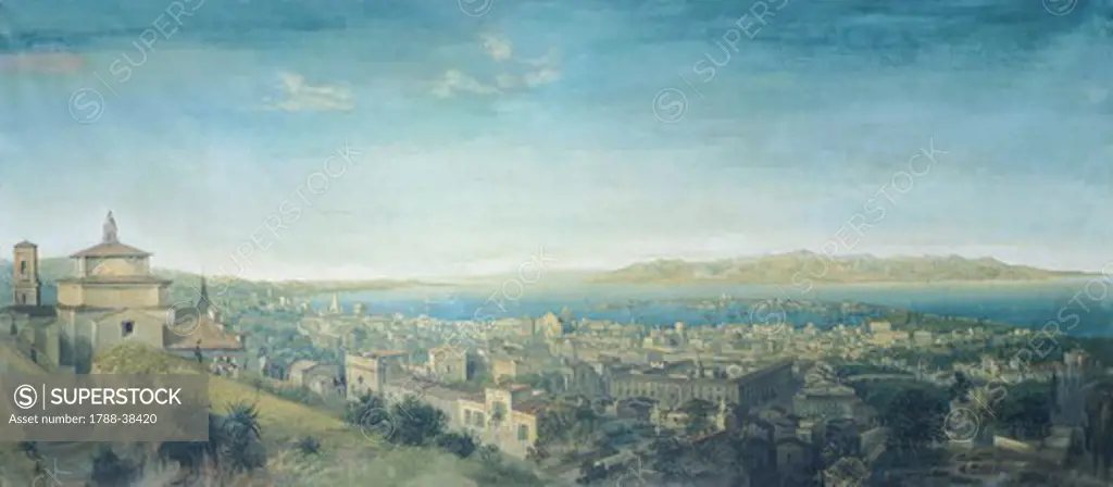 Panorama of the city and the strait of Messina, 1858, by Carlo Bossoli (1815-1884), tempera on canvas, Italy 19th Century.