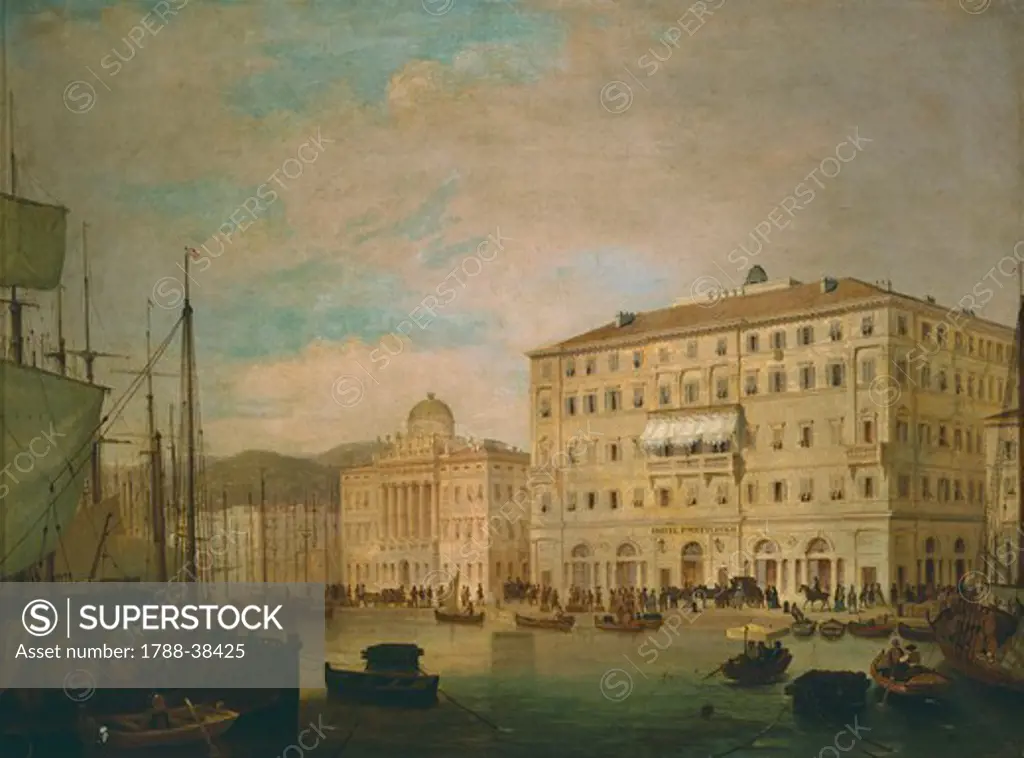Metternich Hotel in Trieste, Tommaso Viola, oil on canvas, Italy 19th Century, 55x76 cm.