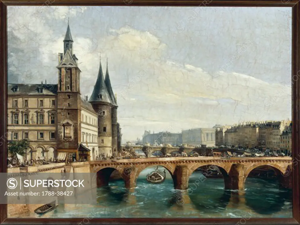 Federico Moja (1802-1885). Paris. View of Pont Neuf with the Conciergerie on the left.