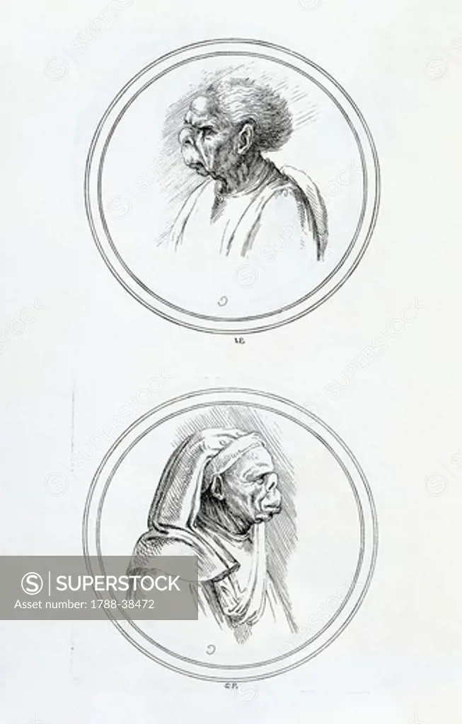 Grotesque heads, 1730, by Anne-Claude-Philippe (aka Count de Caylus, 1692-1765), from works by Leonardo Da Vinci, engraving.