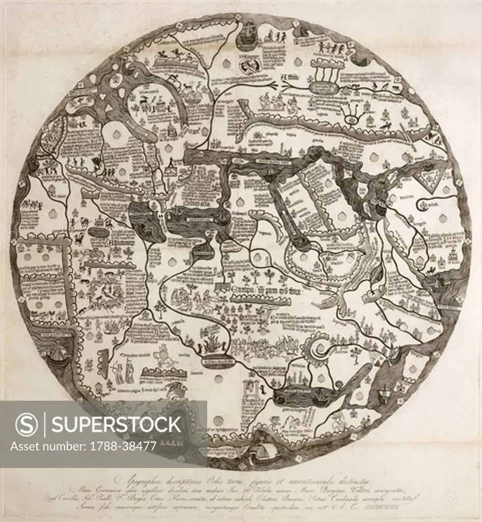 Cartography, Central Europe, 17th century. Reproduction of the circular Ecumene, also known as Mappa Mundi Borgia or Tavola di Velletri. Engraving.