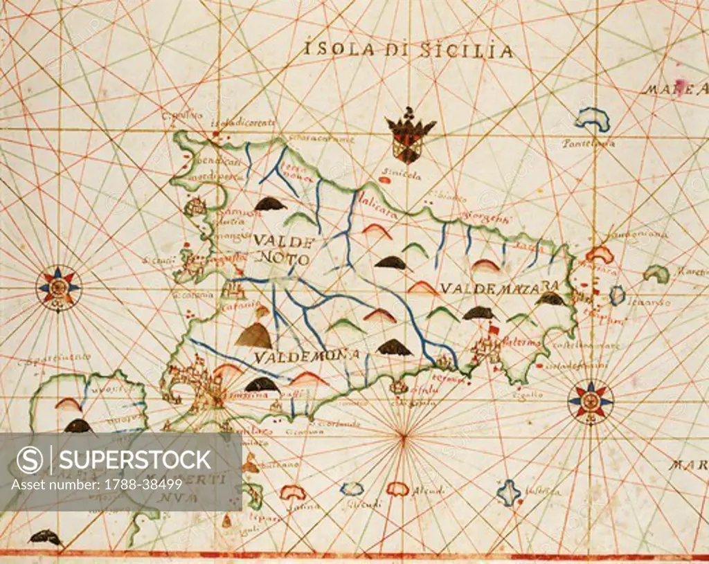 Cartography, 17th century. Sicily, Italy, from a portolan atlas consisting of six charts, by Placido Caloiro and Francesco Oliva, 1646. Parchment.