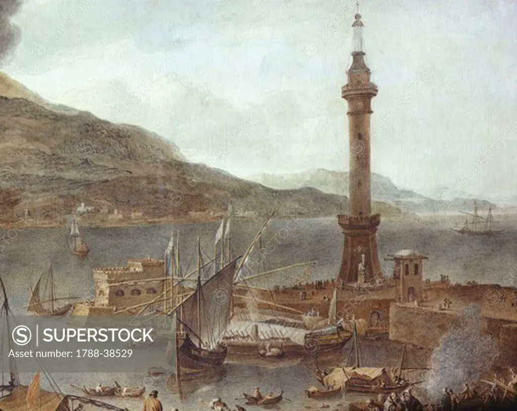 The eruption of Vesuvius and the lantern of the pier of Naples, the last years of the eighteenth century, watercolour on paper, 36x44 cm, Italy 18th century. Detail