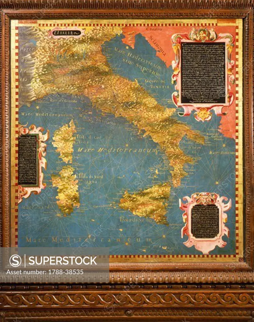 Italy - Tuscany region - Florence. Palazzo Vecchio, Hall of the Geographical Maps. Map of Italy, oil painting by Stefano Buonsignori 1575-1584.