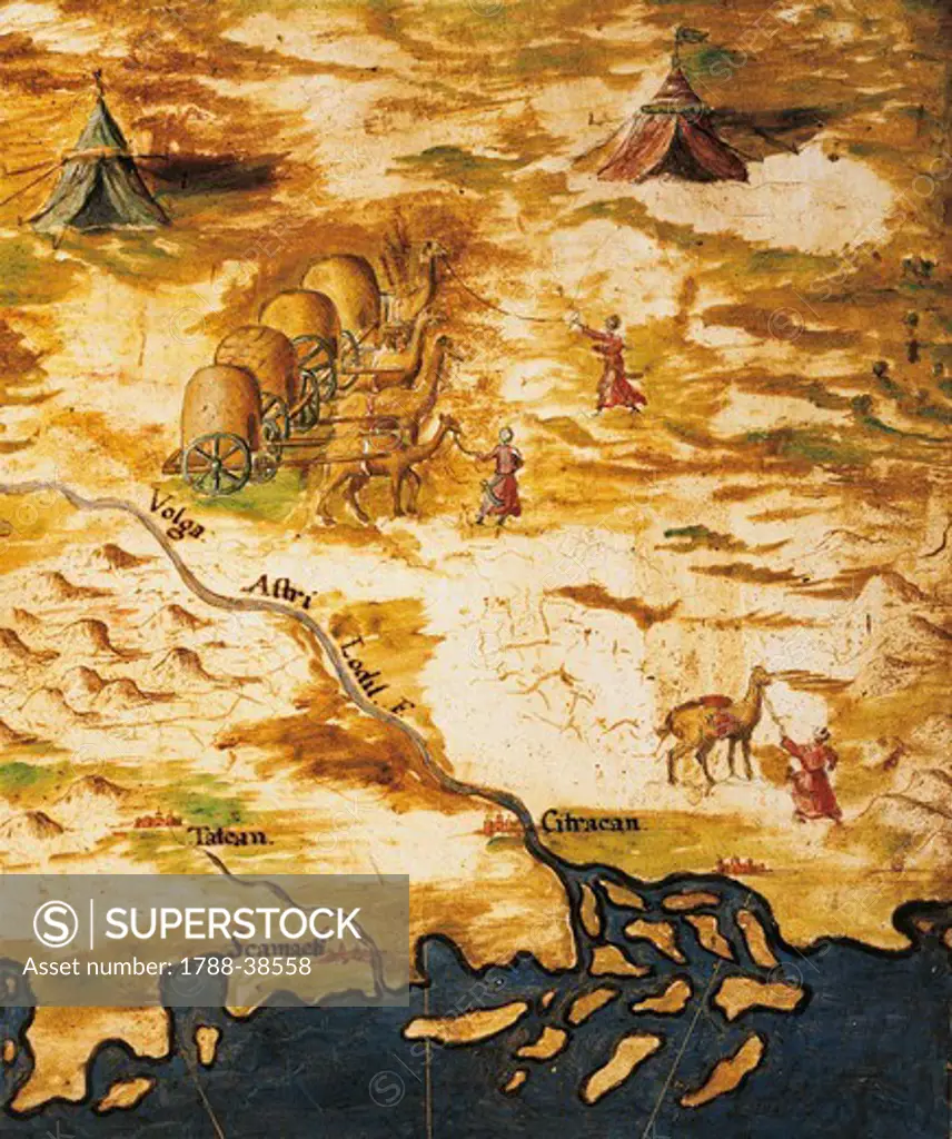 Great Russia: Delta of the Volga River and the Silk Road, by Stefano Bonsignori, 1575-1584. Detail.