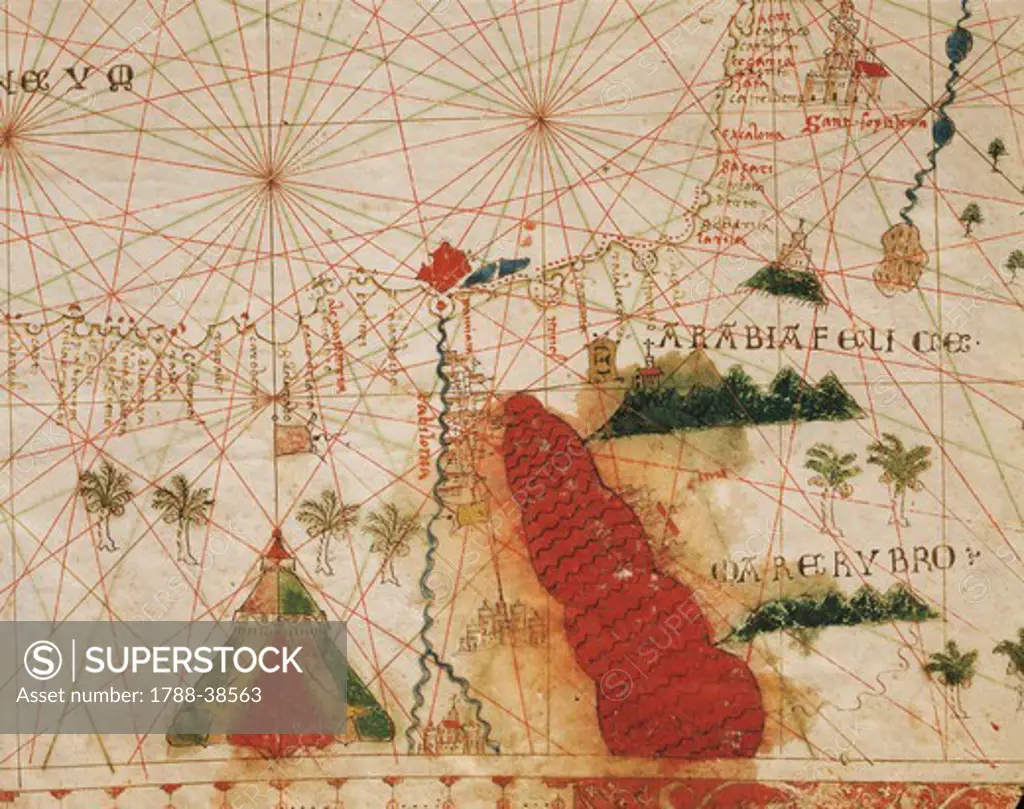 Cartography, 16th century. The Red Sea and Arabia Felix. From a Portolan atlas in three charts, by John Xenodocos from Corfu, 1520, cm. 32 x 22.3.