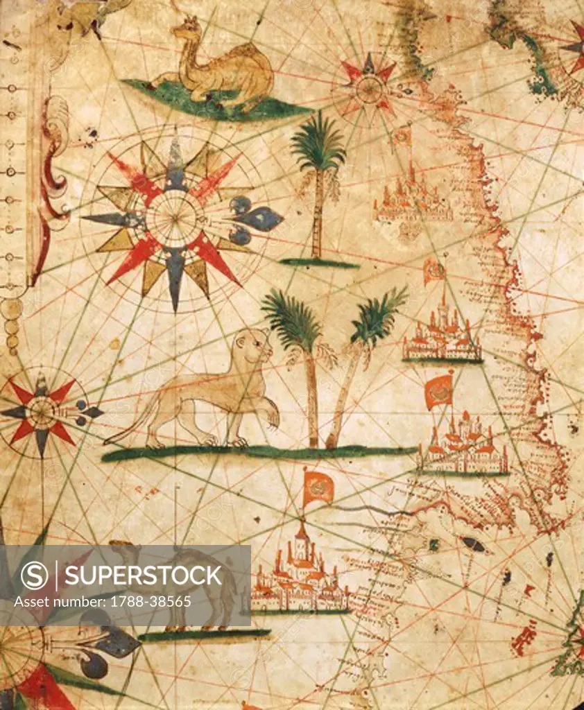 Cartography, 17th century. Nautical chart of Northern Africa with depiction of animals, cities and oasis. Detail of the second chart, from a nautical atlas of the Mediterranean Sea in three charts, by Pietro Giovanni Prunus, 1651. Cm 41.6x28.