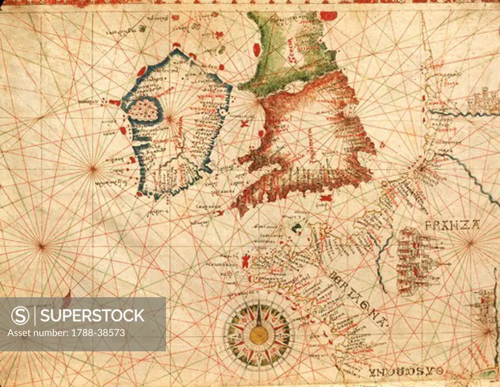 Cartography, 16th century. Ireland and Great Britain. From a Portolan atlas in three charts, by John Xenodocos from Corfu, 1520, cm. 32 x 22.3.